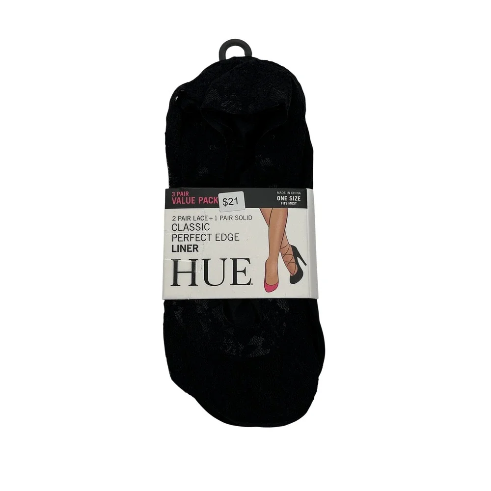 HUE Liner Socks Women One Size Black Perfect Edge 3PR Combo Lace U23066 Pack